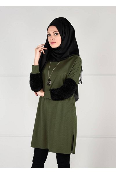 TRENDTESETTÜR Women's Khaki Sleeves Plush Detailed Tunic 5251