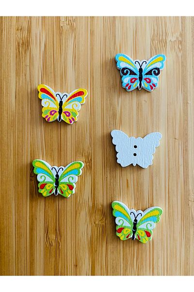 Kartopu Decorative Painted Butterfly Shaped Standing Ornament Accessory Wooden Button 18 X 24 Mm. Pack of 5. Mix. V2.