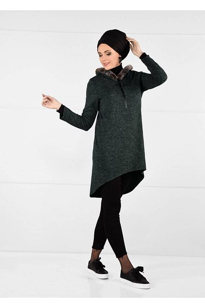 TRENDTESETTÜR Women's Green (ZIMPERUT) Plush Zipper Detailed Tunic 13741