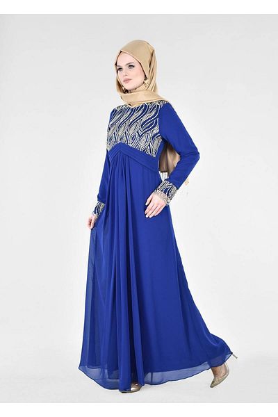 TRENDTESETTÜR Women's Navy Blue (SAKS) T 66525 Fy Collection-Embroidery Detailed Hijab Evening Dress