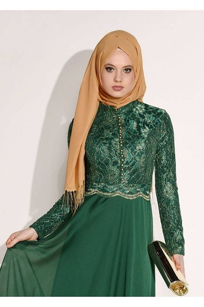 TRENDTESETTÜR Rochie de seară detaliată cu nasturi, verde, cu guler judecător, 0697
