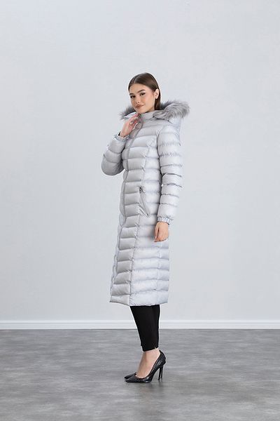 Space Fashion Gray Hooded Long Inflatable Women's Coat - Furry