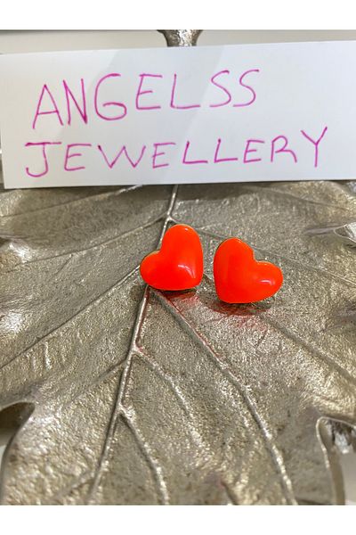 ANGELSS JEWELLERY Heart Model Enameled Orange Gold Earrings (Heart Detailed Enameled Earrings)