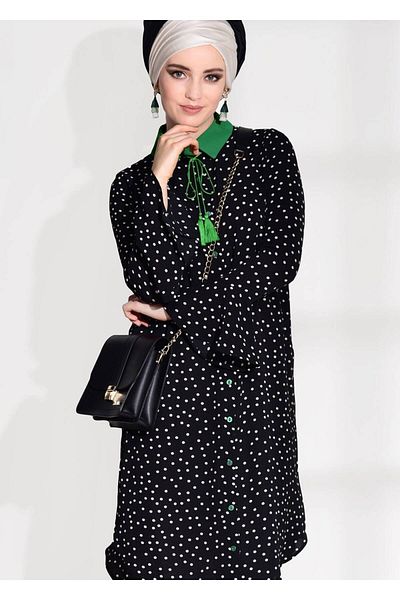 TRENDTESETTÜR Women's Green (Black-Green) t 1965 Polka Dot Patterned Tunic