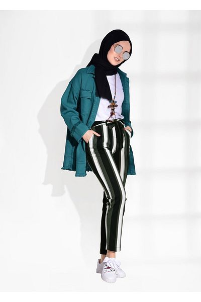 TRENDTESETTÜR Women's Black (BLACK-KHAKI) T 206 Bsm- Stripe Patterned Trousers