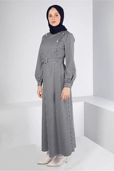 Alvina Stone Detailed Houndstooth Patterned Dress - 43292