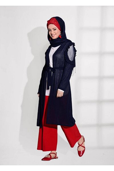 TRENDTESETTÜR Navy Blue Tulle Detailed Women's Combed Cotton Cardigan 92081