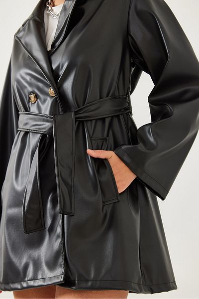 Bianco Lucci Damen-Trenchcoat aus Leder mit gerafftem Gürtel 60351179