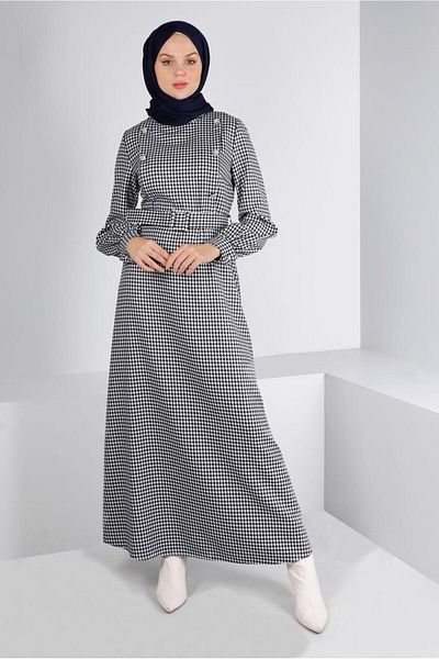 Alvina Stone Detailed Houndstooth Patterned Dress - 43292