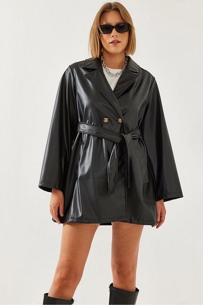 Bianco Lucci Damen-Trenchcoat aus Leder mit gerafftem Gürtel 60351179