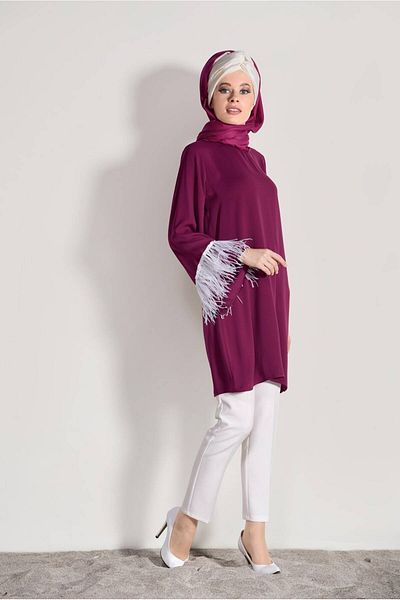 TRENDTESETTÜR Women's Purple Feather Detailed Tunic 99131