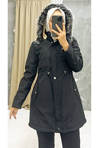 Marjinal City Black Fur Lined and Waterproof Large Size Oversize Women's Winter Coat & Coat