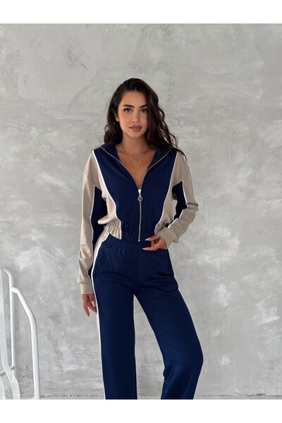 KAŞİHA Aysho Model Women's Trendy Tracksuit Set - Stand Collar, Zipper, Wide Leg and Stripe Detail