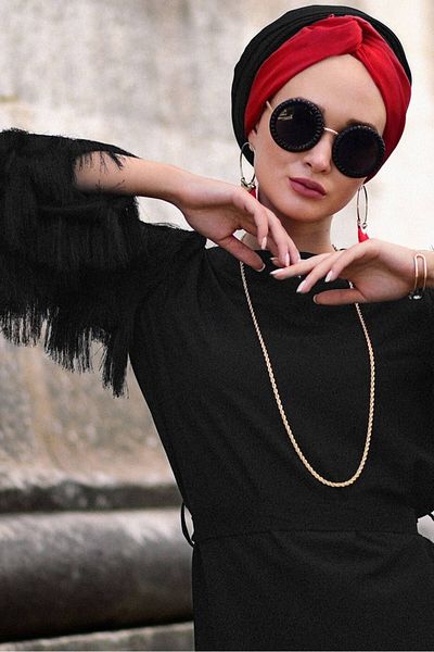 TRENDTESETTÜR Γυναικείο φόρεμα με μαύρη ζώνη με λεπτομέρεια με κρόσσια 4831