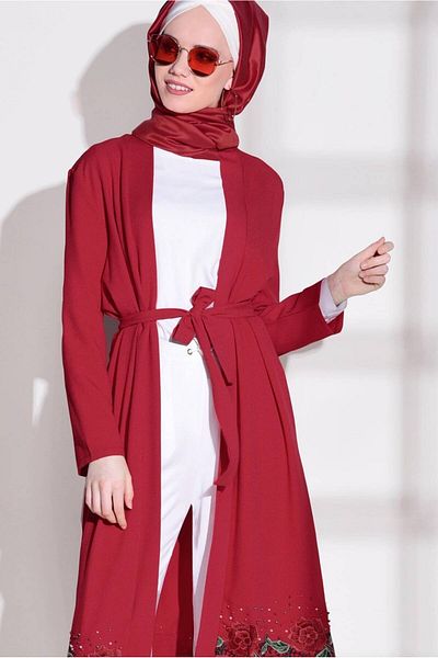 TRENDTESETTÜR Women's Red Skirt Tip Embroidery Detailed Cardigan 34161