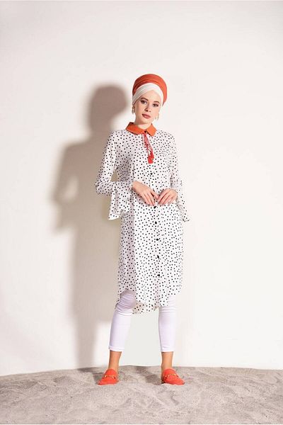 TRENDTESETTÜR Women's Cream (CREAM-ORANGE) T 1965 Polka Dot Patterned Tunic