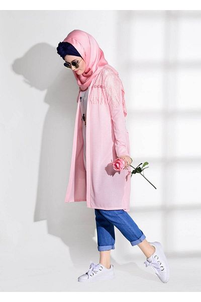 TRENDTESETTÜR Women's Powder Guipure Detailed Combed Cotton Cardigan 72081