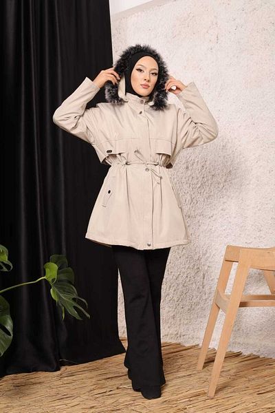 Marjinal City Light Beige Fur Lined and Waterproof Large Size Oversize Women's Winter Coat & Coat