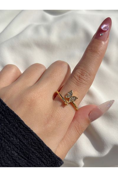 Eylülün Takısı Women's Adjustable Gold Color Stone Butterfly Ring