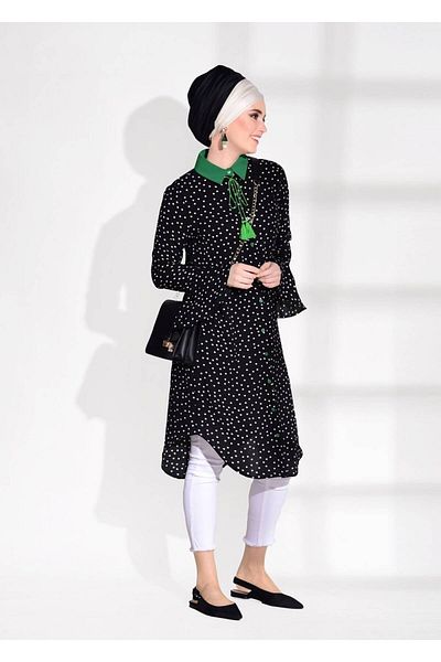 TRENDTESETTÜR Women's Green (Black-Green) t 1965 Polka Dot Patterned Tunic