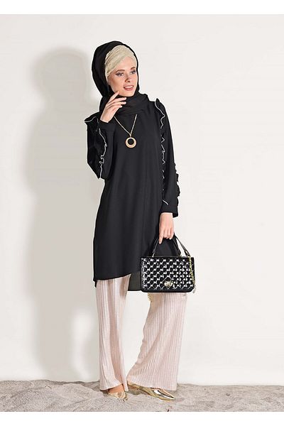 TRENDTESETTÜR Women's Black Ruffle Detailed Tunic162310
