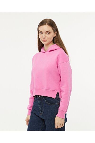 Pembe Düz Kapüşonlu 3 Iplik Şardonlu Bol Kesim Hoodie Sweatshirt