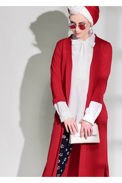 TRENDTESETTÜR Women's Red Cardigan with Side Slit Detail 124