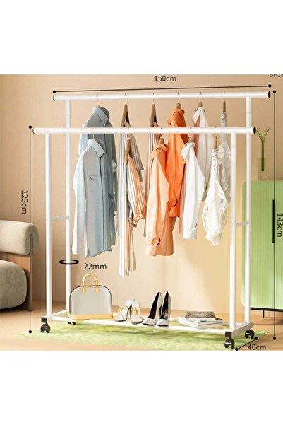 TRENDESK 2 Katlı Düz Metal Beyaz Elbise Konfeksiyon Askısı Tekerlekli 1038-CN