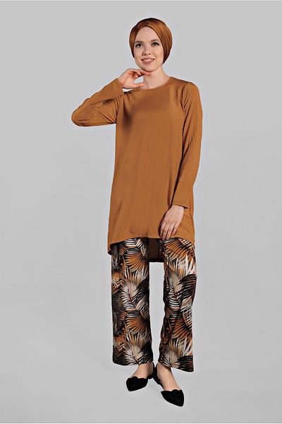 TRENDTESETTÜR Women's Asymmetrical Cut Coffee Pants Set - Ribbed Set of 2 5825