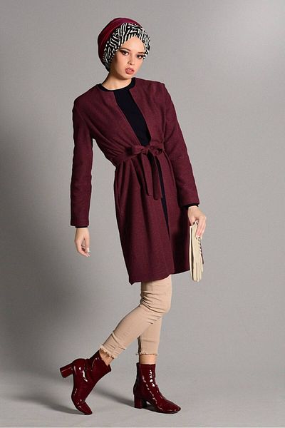 TRENDTESETTÜR Women's Burgundy Belted Felt Jacket 2419