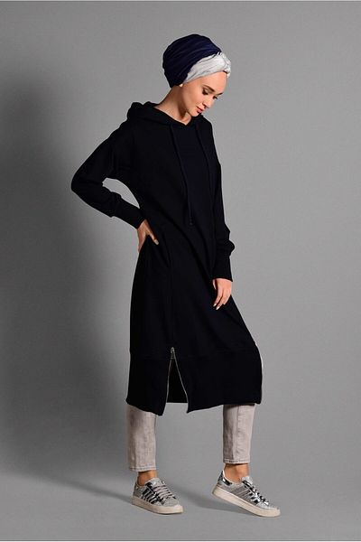 TRENDTESETTÜR Women's Navy Blue Hooded Zipper Detailed Tunic 8918