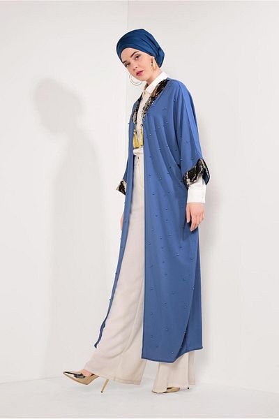 TRENDTESETTÜR Μπλε Navy Indigo Long Jacket - Παγιέτες με παγιέτες στον γιακά και τα μανίκια T 10281