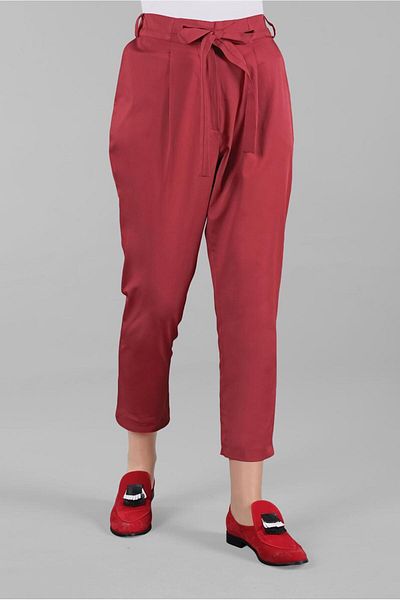 TRENDTESETTÜR Women's Burgundy Lace-up Carrot Trousers 2503