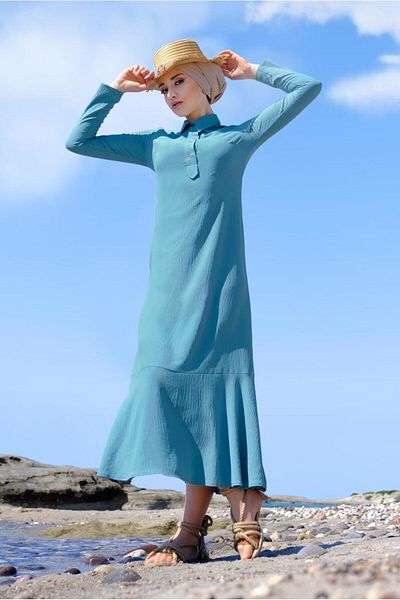 TRENDTESETTÜR Rochie de damă albastră (AQUA) din bumbac cu tiv cu volan 8221