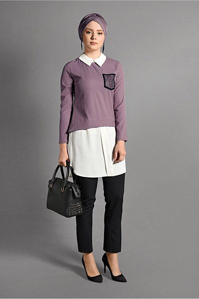 TRENDTESETTÜR 4907 Model Powder Colored Women's Tunic - Double Look Design