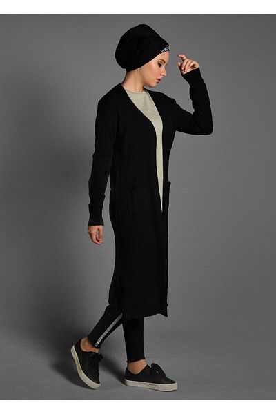 TRENDTESETTÜR Women's Black Pocket Detailed Knitwear Cardigan 1619