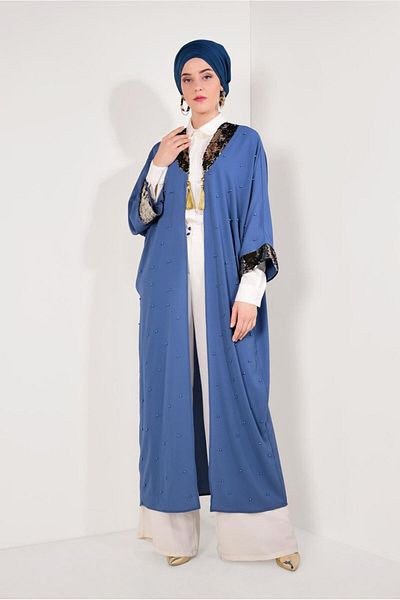 TRENDTESETTÜR Μπλε Navy Indigo Long Jacket - Παγιέτες με παγιέτες στον γιακά και τα μανίκια T 10281