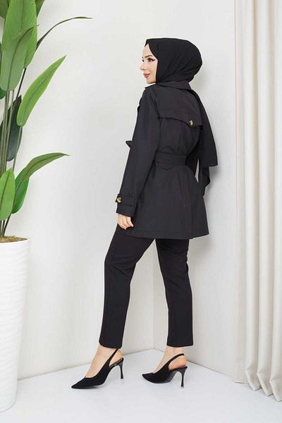 B.HE.Z Black Long Sleeve Degaje Belted Half Length Trench Coat - Lined and Knotted