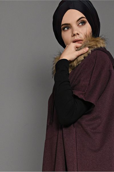 TRENDTESETTÜR Poncho de damă bordeaux cu glugă și buzunar 35181