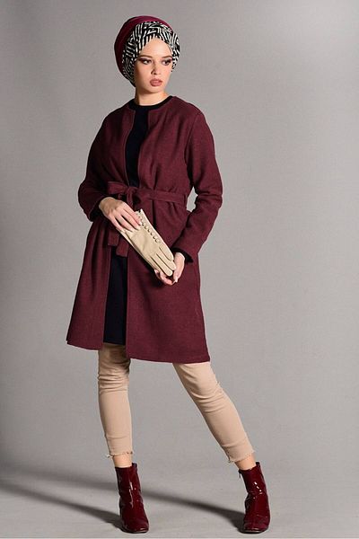 TRENDTESETTÜR Women's Burgundy Belted Felt Jacket 2419