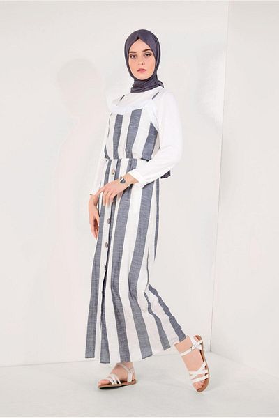 TRENDTESETTÜR Κρεμ Navy Blue βαμβακερό γυναικείο φόρεμα - Λεπτομέρεια με κουμπί T 0514