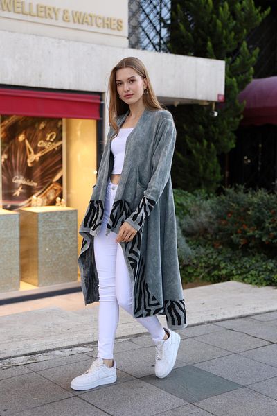 QASHMİR Asymmetrical Zebra Print Women's Cotton Cardigan - Washed, Gray