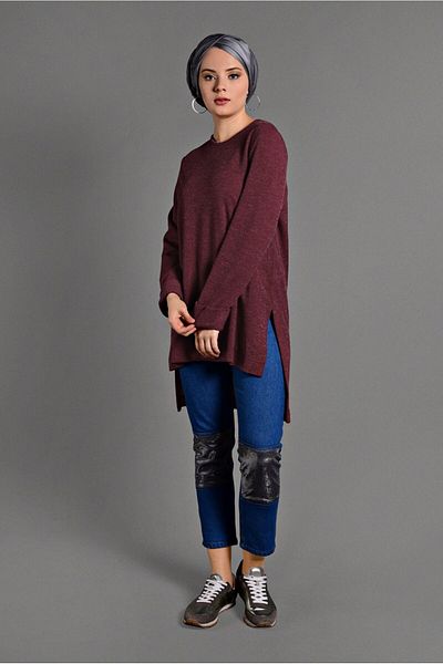 TRENDTESETTÜR Women's Red Double Sleeve Detailed Knitwear Tunic 06971