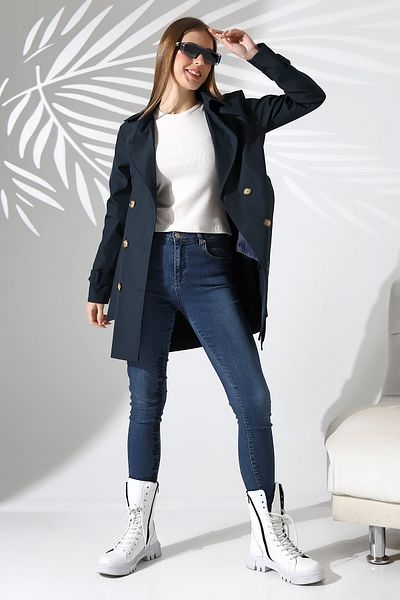 B.HE.Z Navy Blue Degaje Belted Half Length Lined Long Sleeve Knotted Trench Coat
