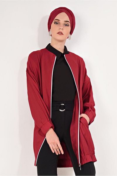TRENDTESETTÜR سترة نسائية حمراء برقبة دائرية وسحاب T 1617