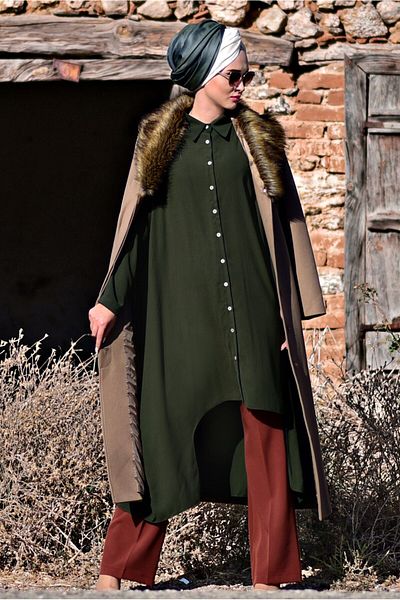 TRENDTESETTÜR Women's Khaki Asymmetric Cut Buttoned Long Tunic 4502