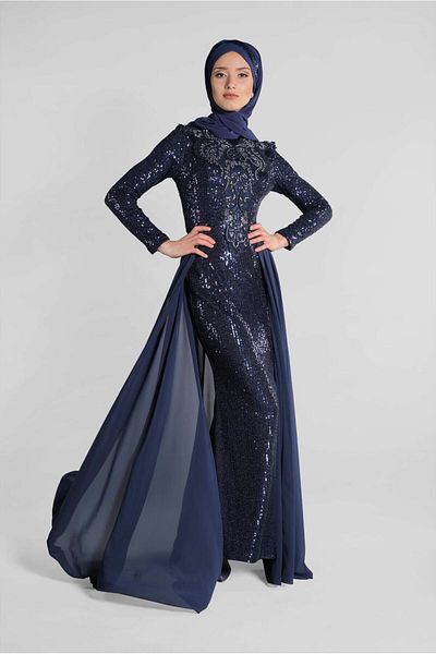 TRENDTESETTÜR Γυναικείο βραδινό φόρεμα με παγιέτες Navy Blue Cape Look 42725