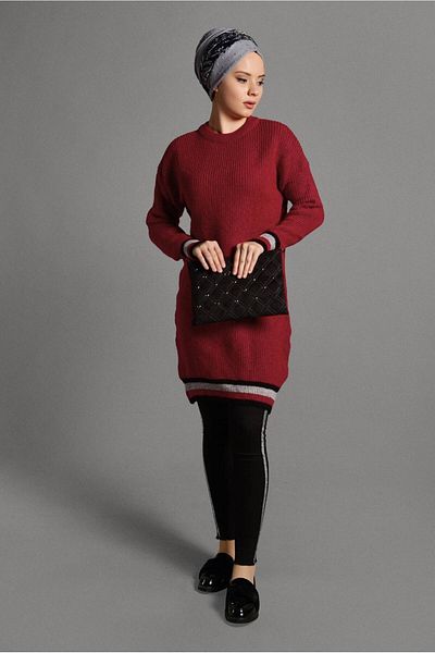 TRENDTESETTÜR Women's Red Stripe Detailed Knitwear Tunic 0017