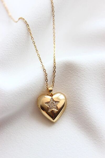 YuChic Taşlı Yıldızlı Gold Renk Kapaklı Kalp Kolye - 316L Paslanmaz Kararmaz Çelik