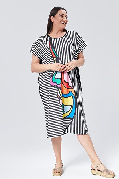 Ebsumu Plus Size Comfortable Black Dress - Printed